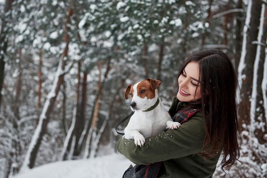 Hugging the pet and enjoying the moment. Smiling brunette having fun while walking with her dog in the winter park.