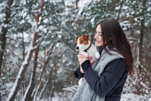 The dog saw something interesting. Smiling brunette having fun while walking with her pet in the winter park.