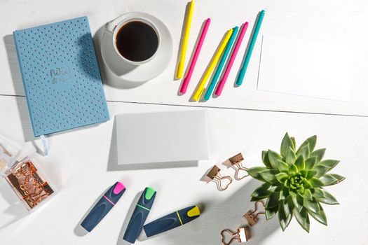 Layout for the office. Back to school. Blue notebook, colorful pens, felt-tip pens, paper clips, potted echeveria, a cup of tea. Place for text