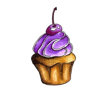 Sweet cupcake with purple cream and cherry. Drawing by hand, markers. Cake on a white background