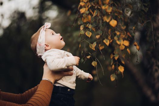 Portrait of lovely little baby girl wearing cute jersey with bunny on it and beige patterned bow headband. She is smiling at camera while parents holding her arms. Weekend in the park in autumn. Baby doing her first steps.
