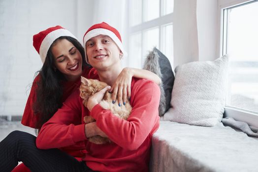 Sitting near the windowsill. Portrait of couple with little kitty celebrates holidays in new year clothes.