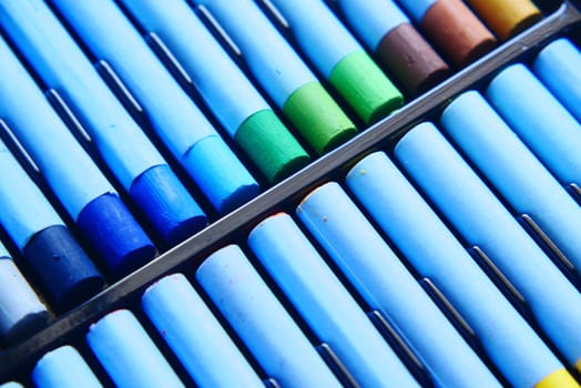 detail shot of drawing Color pencils in a box .