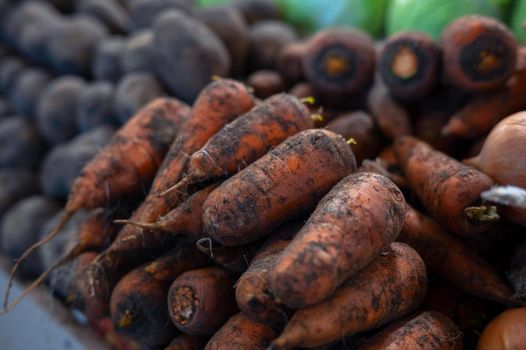 Assortment of fresh carrots at market
