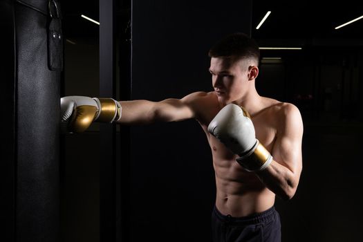 Blows boxer The practices bag athlete the glove black young male competition, In the afternoon muscular muscle from sport from fist competitive, studio aggression. Backlit active dark,