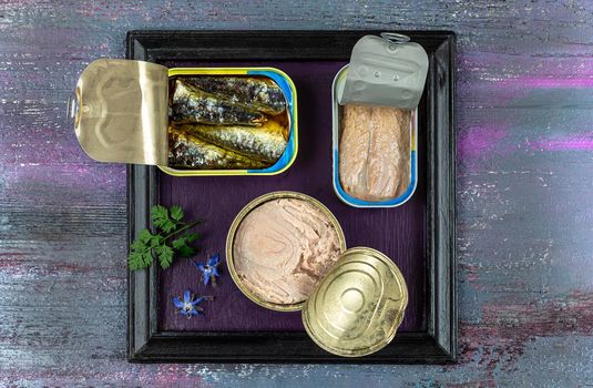 Various canned fish and seafood in a metal cans. Wooden background. Top view