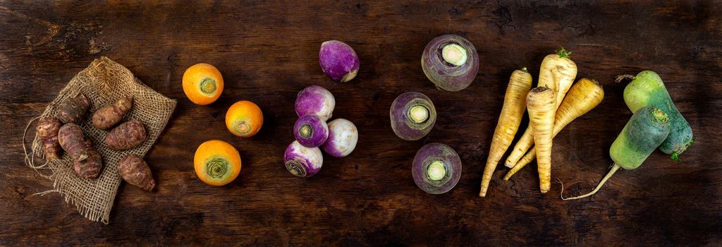Panel of forgotten vegetables seen from above panoramic image
