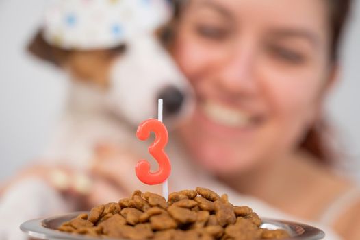 Caucasian woman congratulates her dog on the 3rd birthday. Jack Russell Terrier blows out the candle.