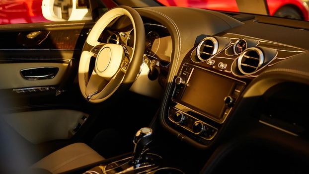 Interior view of car with leather salon.