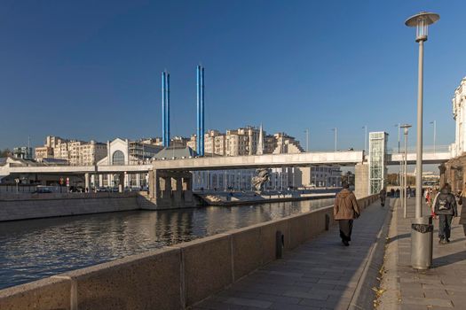 Moscow, Russia - 08 October 2021, View from the bridge at Bolotnaya Embankment