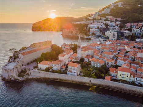 Old town in Budva in a beautiful summer day, Montenegro. Aerial image. Top view.