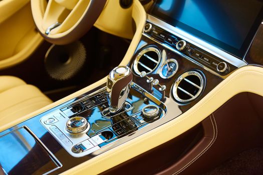 Detail of modern car interior. Focus on gear