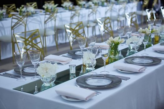 Beautifully organized event. Served festive table ready for guests. Shallow doff