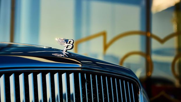 Kyiv, Ukraine - October 02, 2019: Bentley logo on the hood of Mulsanne. Mulsanne - launched in 2010 - is the only model of Bentley, carrying the Flying B distinctive hood ornament