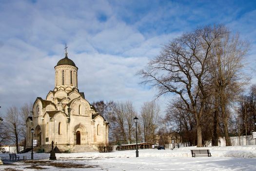 Moscow, Russia - March, 2022, View of the Spaso-Andronikov Monastery in Moscow in winter