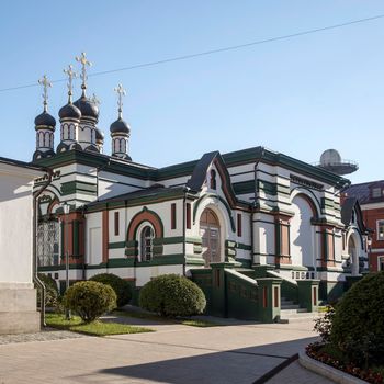 MOSCOW, RUSSIA - September 26, 2021: Katholikon of Nativity of God's Mother. Rozhdestvensky Convent, or Convent of Nativity of Theotokos is one of oldest nunneries in Moscow, located inside Boulevard Ring