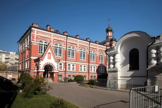 MOSCOW, RUSSIA - September 26, 2021: Katholikon of Nativity of God's Mother. Rozhdestvensky Convent, or Convent of Nativity of Theotokos is one of oldest nunneries in Moscow, located inside Boulevard Ring