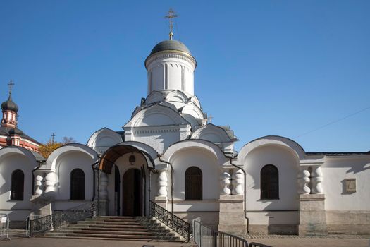 MOSCOW, RUSSIA - September 26, 2021: Katholikon of Nativity of God's Mother. Rozhdestvensky Convent, or Convent of Nativity of Theotokos is one of oldest nunneries in Moscow, located inside Boulevard Ring