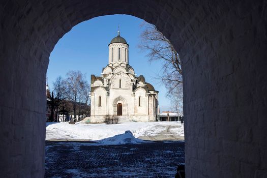 Moscow, Russia - March, 2022, View of the Spaso-Andronikov Monastery in Moscow in winter