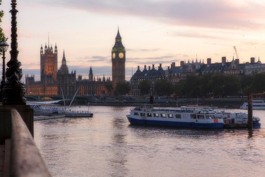 LONDON, UK - September 22, 2021 Big Ben and river at sunset in backlight