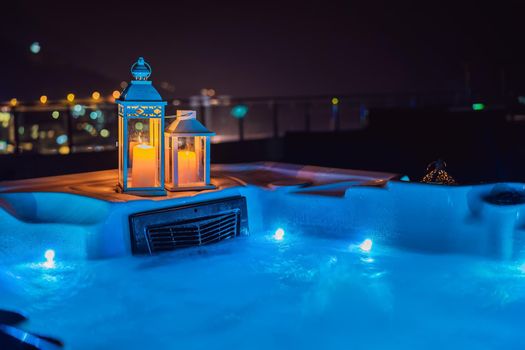 Hot tub with candles ready to take a bath. Valentines day concept.