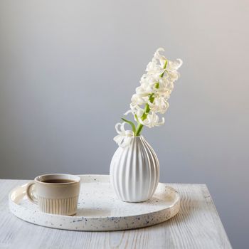 A white hyacinth in a vase and a small cup of coffee on a round tray on a shelf. boho house