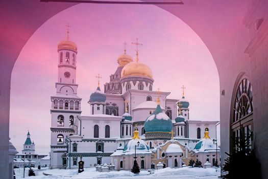 ISTRA, RUSSIA - January 16, 2022, The Resurrection Cathedral of New Jerusalem Monastery was built according to the prototype - the Church of the Holy Sepulcher in Jerusalem. Snowfall