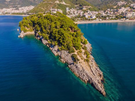 Aerophotography. View from flying drone. Panoramic cityscape of Budva, Montenegro. Top View. Beautiful destinations.