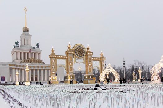 Moscow, Russia - 02 January 2021, VDNKh is decorated for Christmas. Lights that glow in the dark