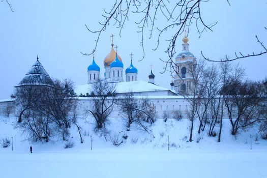 MOSCOW, RUSSIA -January 10 2022 Spaso-Preobrazhensky Cathedral in Novospassky monastery in the evening. Winter time