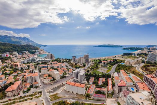 Aerophotography. View from flying drone. Panoramic cityscape of becici, Budva, Montenegro. Top View. Beautiful destinations.