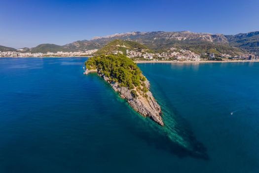 Aerophotography. View from flying drone. Panoramic cityscape of Budva, Montenegro. Top View. Beautiful destinations.