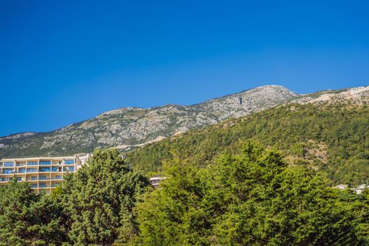 Panoramic landscape of Budva riviera in Montenegro. Balkans, Adriatic sea, Europe.