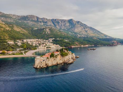 Aerophotography. View from flying drone. Panoramic view of Sveti Stefan island in Budva in a beautiful summer day, Montenegro. Top View. Beautiful destinations.