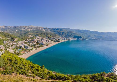 Aerophotography. View from flying drone. Panoramic cityscape of Budva, Montenegro. Top View. Beautiful destinations.