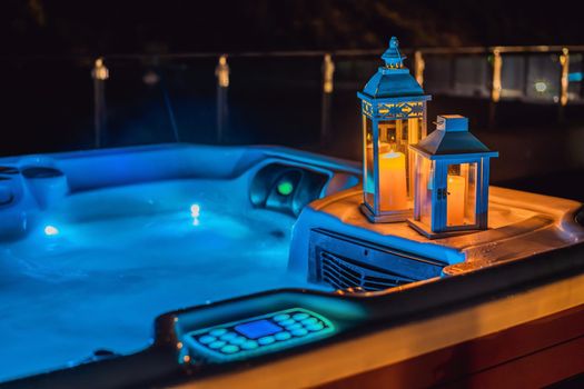 Hot tub with candles ready to take a bath. Valentines day concept.