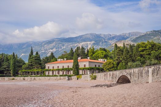 Panoramic summer landscape of the beautiful green Royal park Milocer on the shore of the the Adriatic Sea, Montenegro.