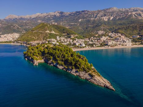 Aerophotography. View from flying drone. Panoramic cityscape of Budva, Montenegro. Top View. Beautiful destinations.