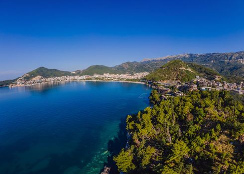 Aerophotography. View from flying drone. Panoramic cityscape of Budva, Montenegro. Top View. Beautiful destinations.