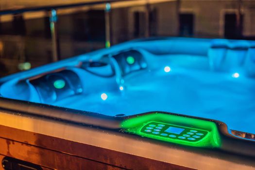 Hot tub hydromassage pool. Illuminated pool. Rest outside the city. Cottage with hydromassage pool.