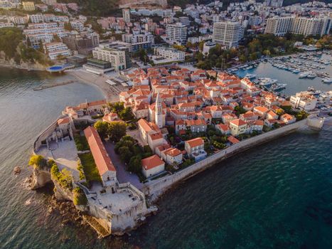 Old town in Budva in a beautiful summer day, Montenegro. Aerial image. Top view.