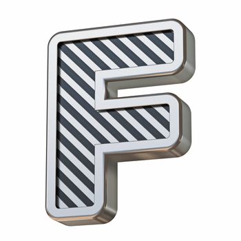 Stainless steel and black stripes font Letter F 3D rendering illustration isolated on white background