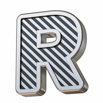 Stainless steel and black stripes font Letter R 3D rendering illustration isolated on white background