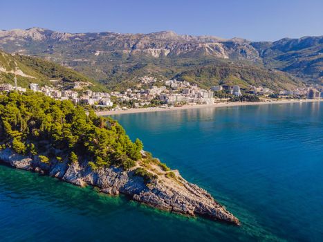 Aerophotography. View from flying drone. Panoramic cityscape of Budva, Montenegro. Top View. Beautiful destinations.