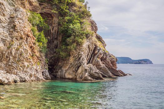 Beautiful rocks in the sea in Montenegro. Montenegro is a popular tourist destination in Europe.