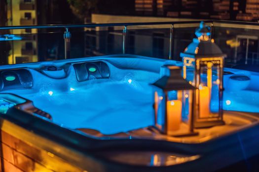 Hot tub with candles ready to take a bath. Valentines day concept.