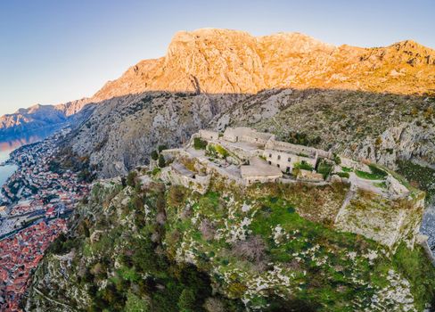 Kotor Old Town Ladder of Kotor Fortress Hiking Trail. Aerial drone view.