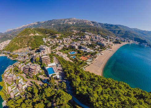 Aerophotography. View from flying drone. Panoramic cityscape of Budva, Montenegro. Top View. Beautiful destinations.