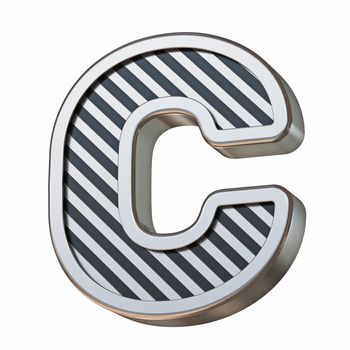 Stainless steel and black stripes font Letter C 3D rendering illustration isolated on white background