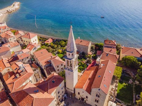 Old town in Budva in a beautiful summer day, Montenegro. Aerial image. Top view.